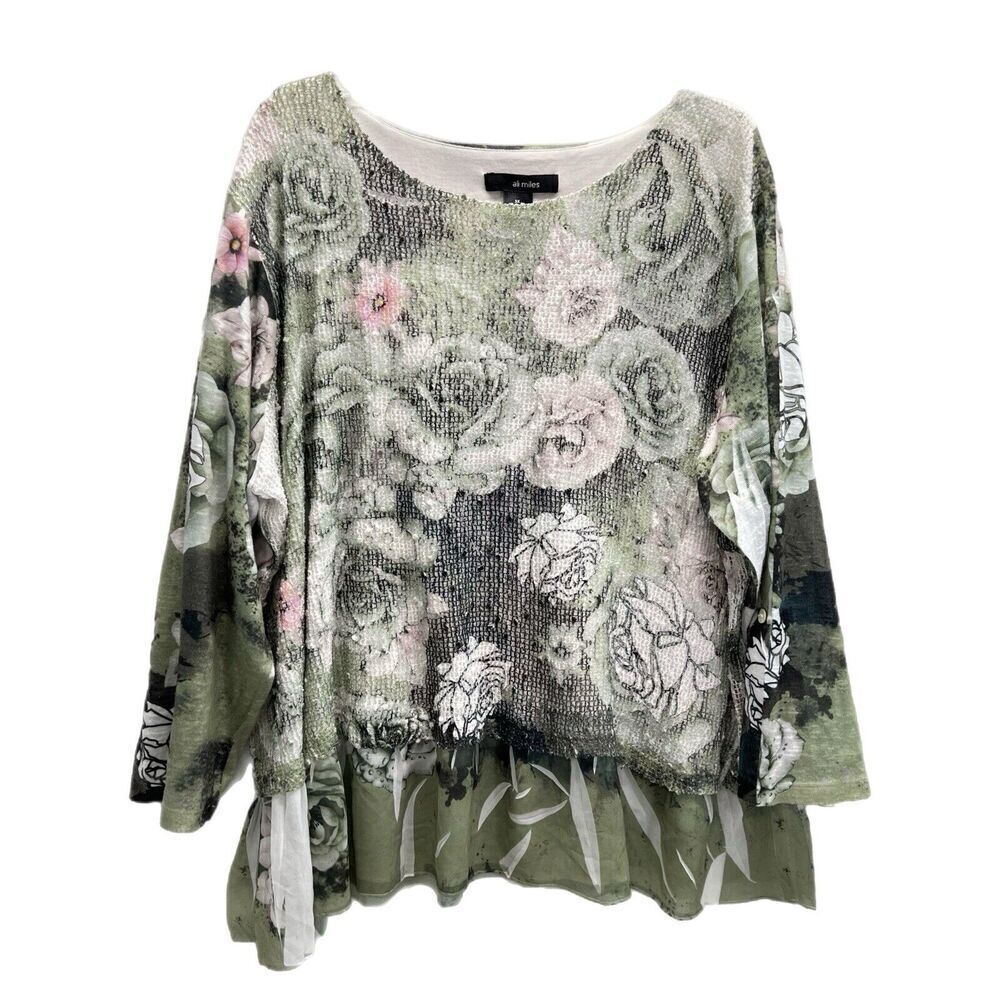 Ali Miles Sweater Women 3XL Green Floral Mesh Tunic Roll Tab Sleeves Lagenlook